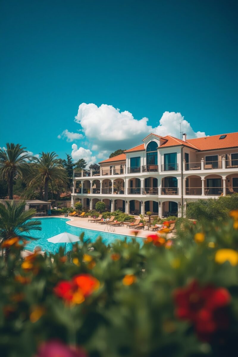 Luxury Mediterranean resort with white arched facade, terracotta roof, blue pool, lounge chairs, palm trees, and colorful flowers