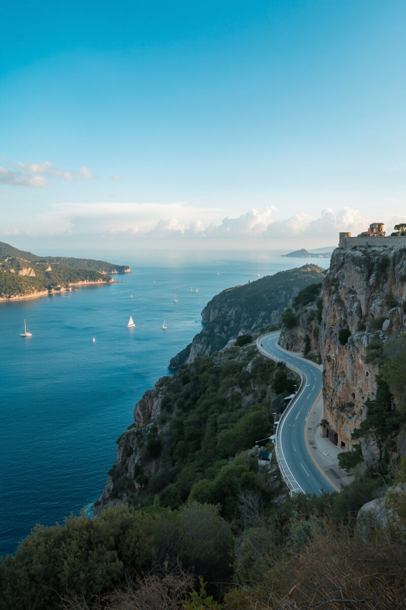 Winding coastal road carved into rocky cliffs above deep blue Mediterranean sea with sailboats and green hillsides