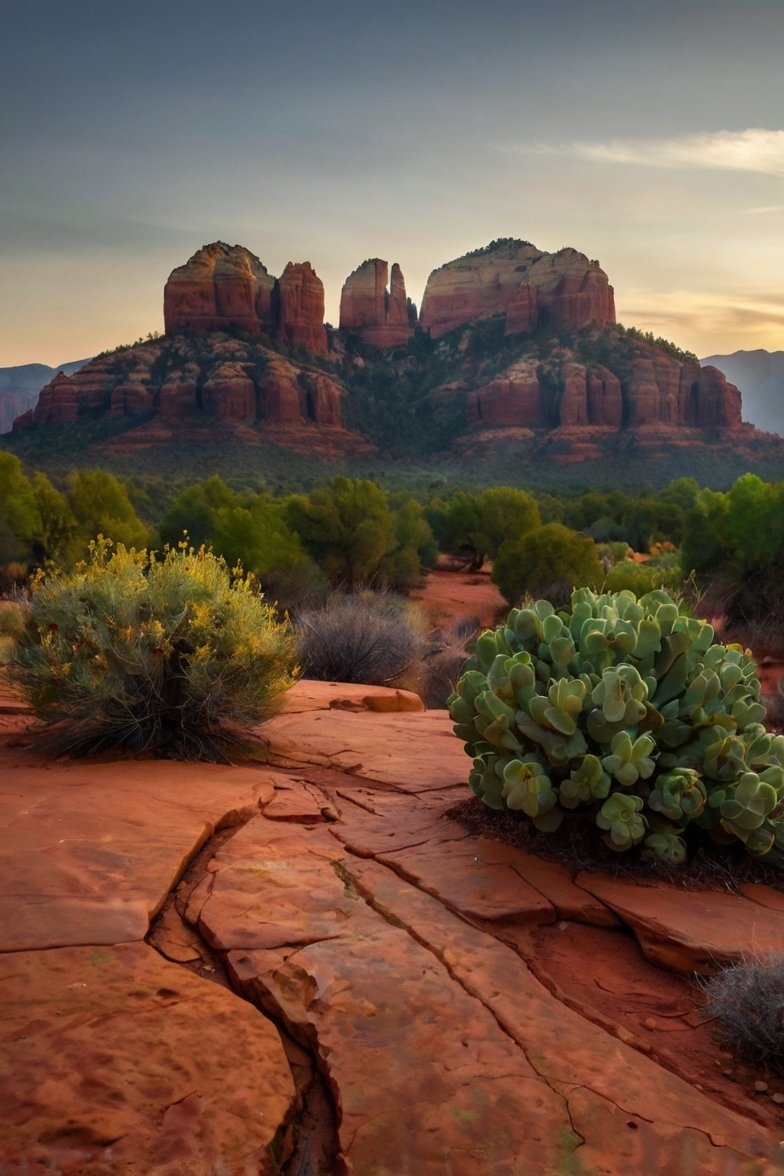 Cathedral Rock in Sedona Arizona at sunset with red sandstone formations, cactus, and desert shrubs in foreground