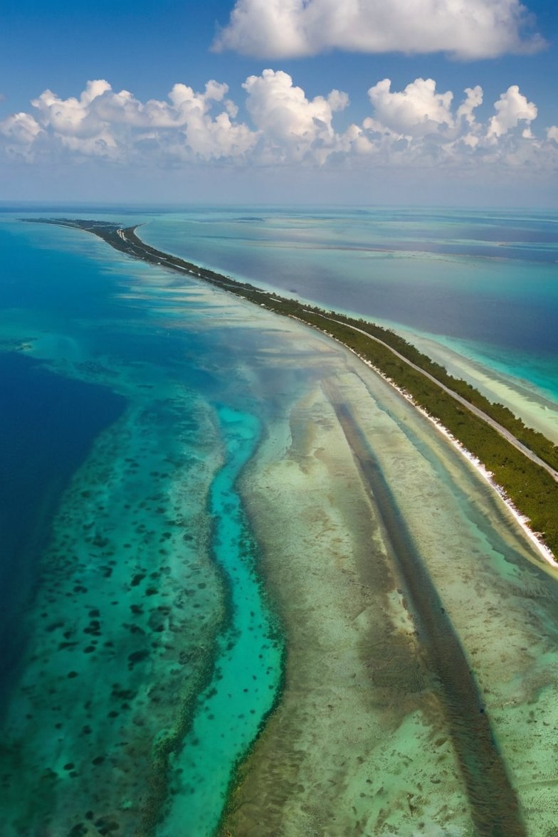 Aerial view of a narrow tropical island strip with lush vegetation and road, surrounded by turquoise coral reef waters