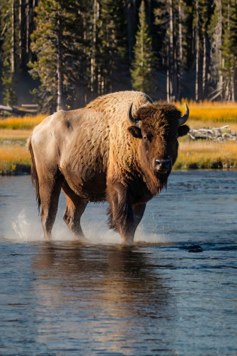 Large American bison wading through a shallow river with evergreen forest and golden meadow in background