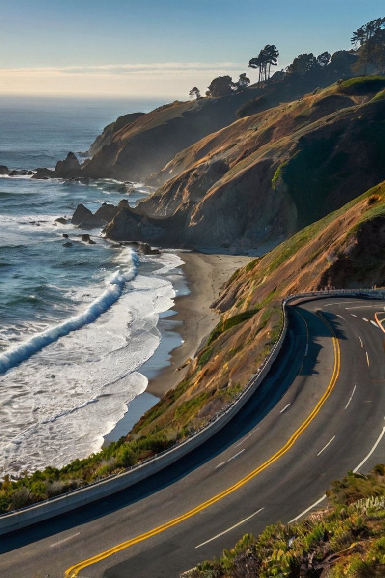 Winding two-lane coastal highway curves along rugged clifftops above a sandy beach with crashing ocean waves