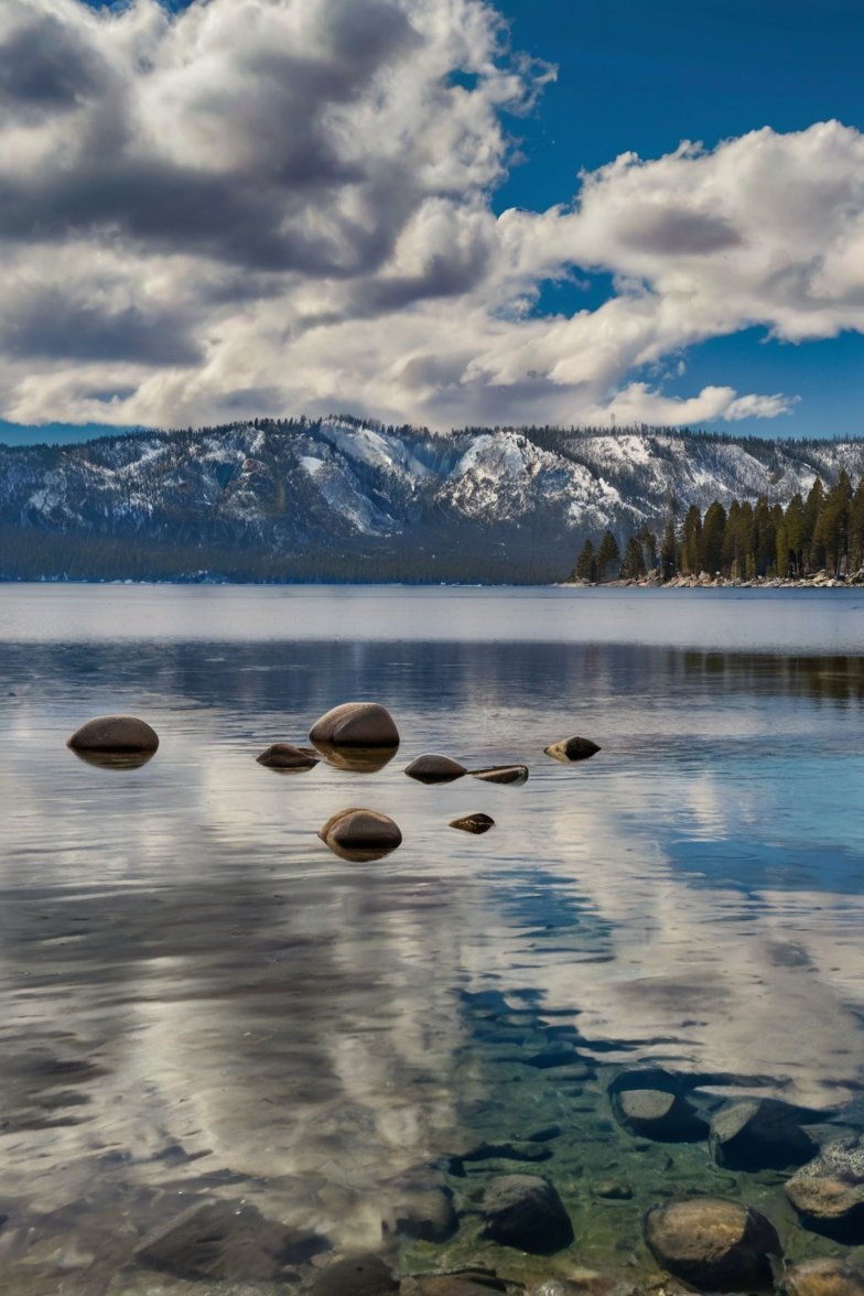 Crystal-clear shallow lake with smooth rocks, snow-capped mountains, evergreen trees, and dramatic clouds reflected in calm water
