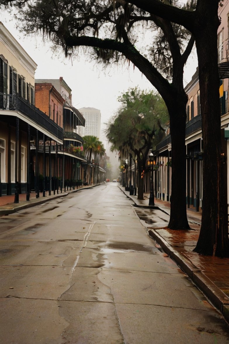 Empty wet street in New Orleans French Quarter with iron balconies, Spanish moss oak trees, and misty fog