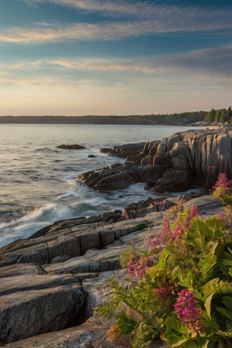 Rocky coastline with pink wildflowers, crashing waves, evergreen forest, and golden sunset sky