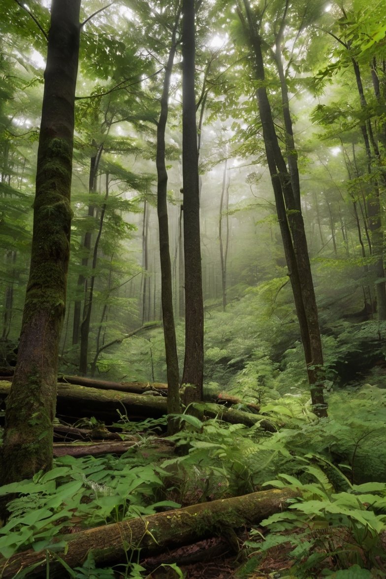 Misty temperate forest with tall trees, ferns, and fallen logs covered in moss on a foggy day