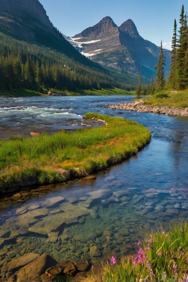 Crystal-clear mountain river winding through green meadows with snow-capped Rocky Mountain peaks in background