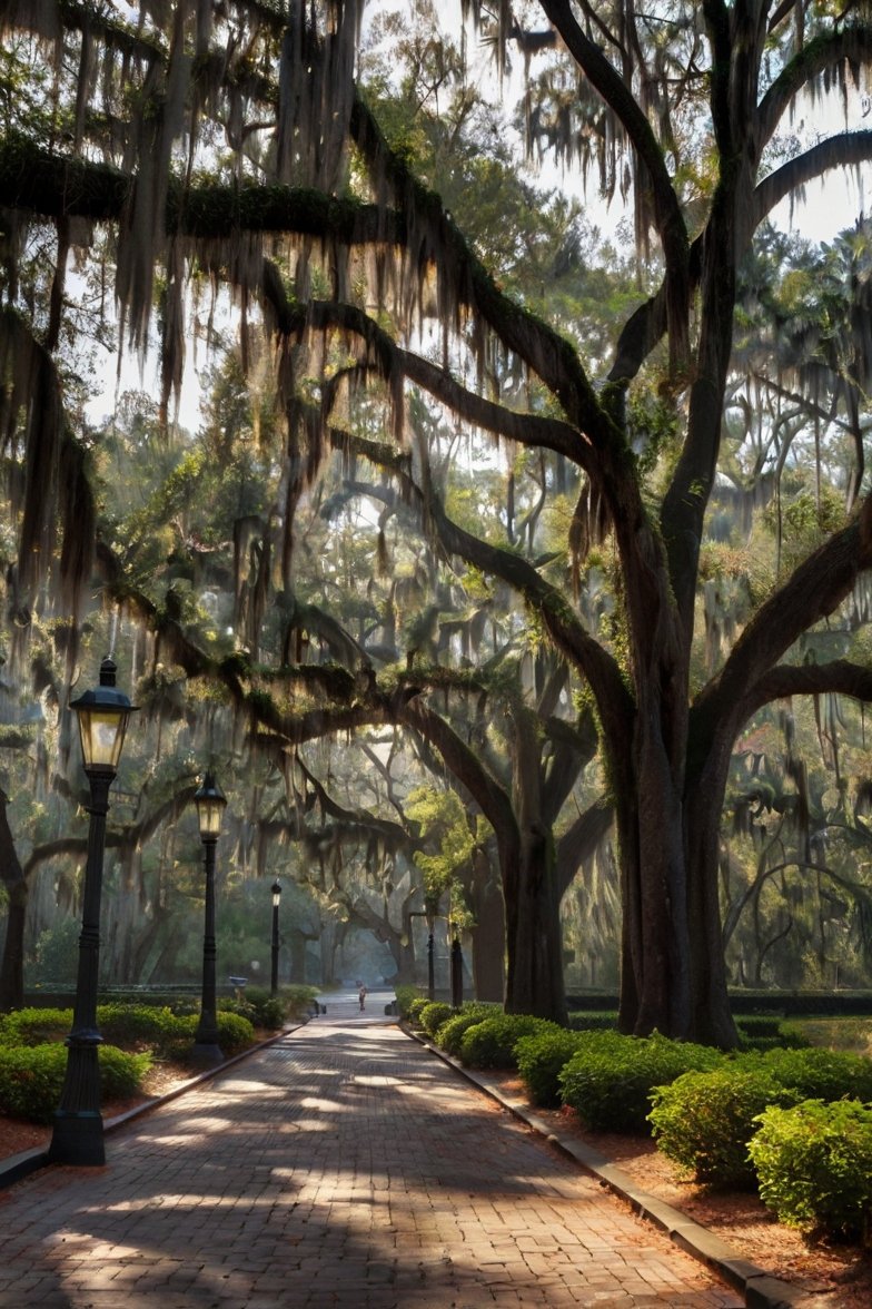 Brick pathway lined with towering live oak trees draped in Spanish moss and vintage gas lamp posts