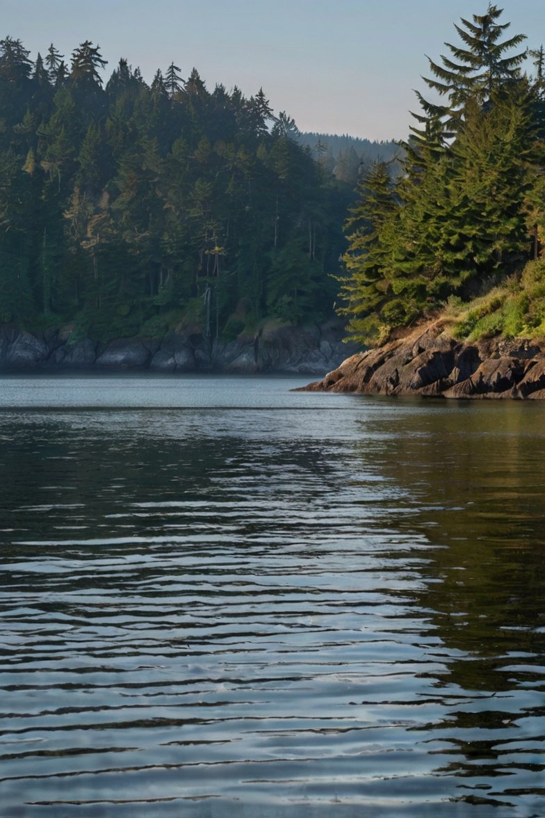 Calm inlet with gentle ripples reflecting evergreen forest and rocky shoreline under clear sky