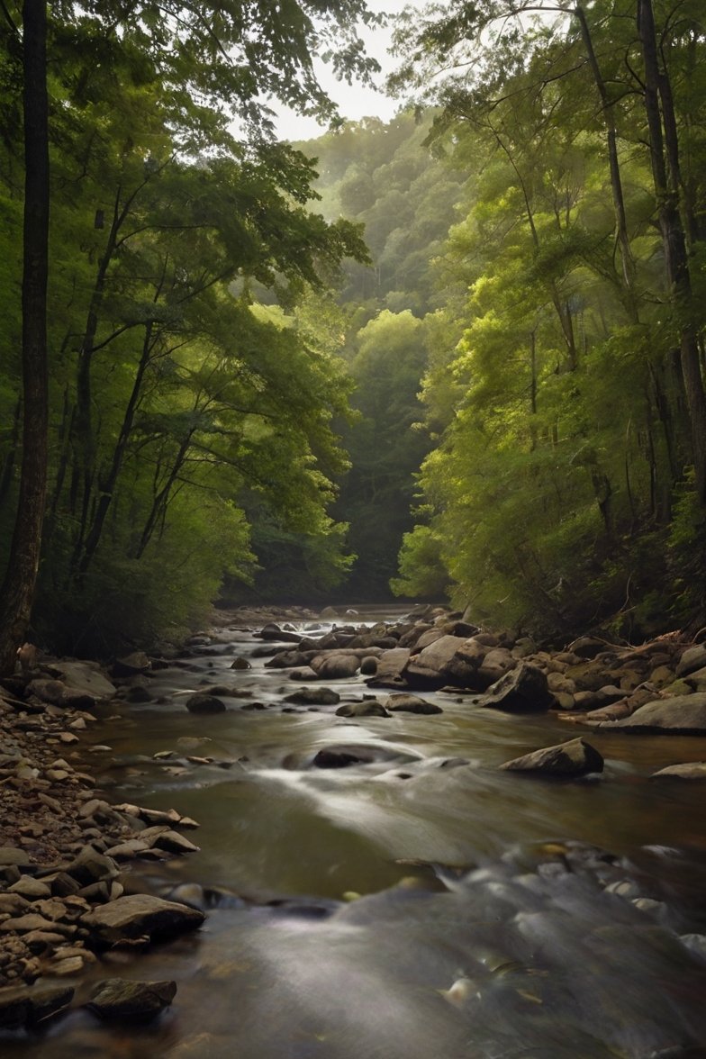 Rocky forest stream flowing through lush green deciduous woodland with soft misty light filtering through tree canopy