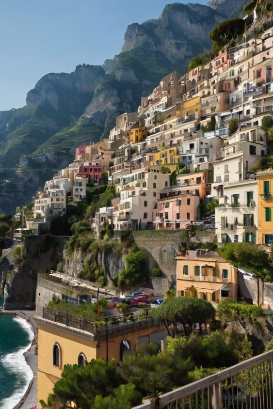 Colorful cliffside buildings of Positano cascading down steep hillside to turquoise Mediterranean Sea, Amalfi Coast Italy