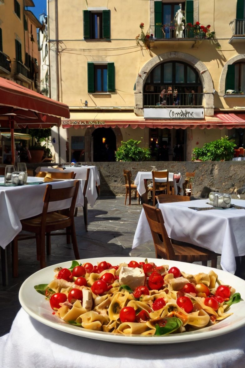 Fresh pasta dish with cherry tomatoes, mozzarella, and basil at an outdoor Italian restaurant in a sunny piazza