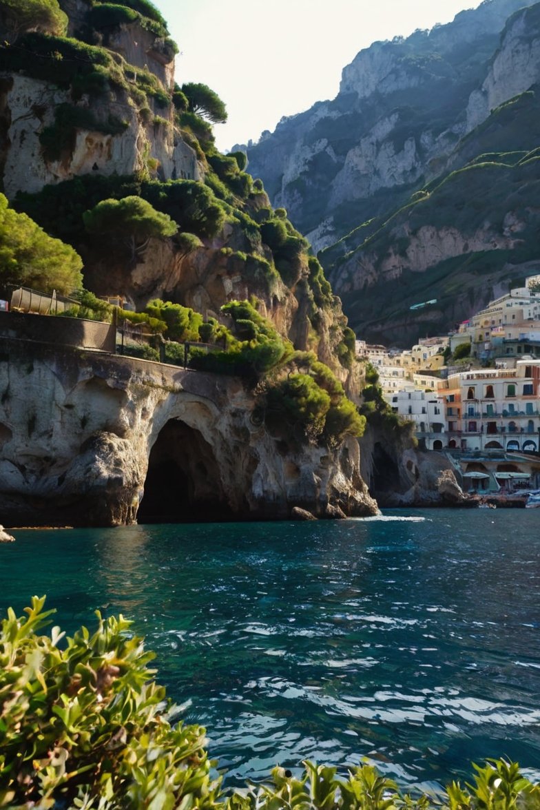 Amalfi Coast cliffside with sea cave, lush green vegetation, colorful stacked buildings, and turquoise Mediterranean water