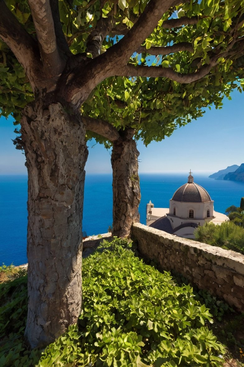 Ancient trees framing a domed church on the Amalfi Coast with deep blue Mediterranean Sea backdrop