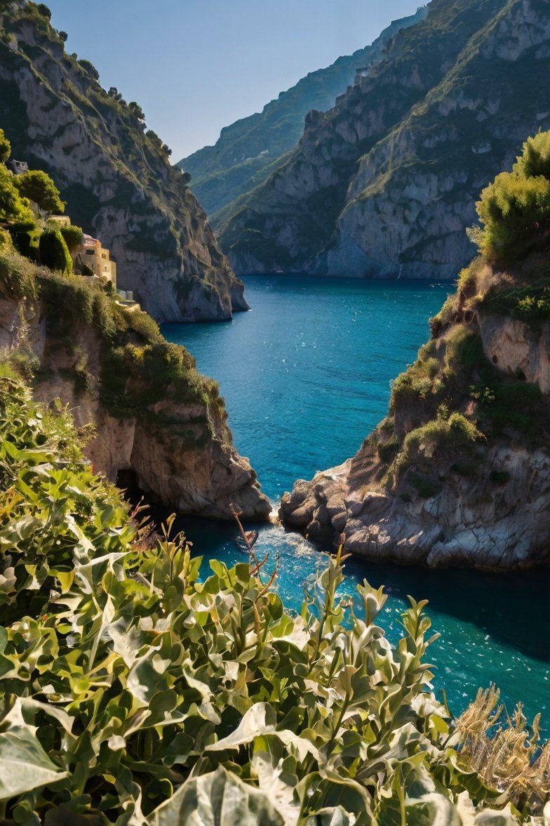 Turquoise Mediterranean cove between towering limestone cliffs with lush green vegetation and a yellow cliffside building