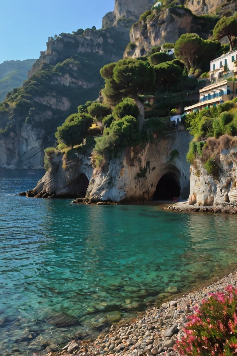Crystal-clear turquoise cove with limestone sea caves, umbrella pines, and cliffside buildings on the Amalfi Coast, Italy