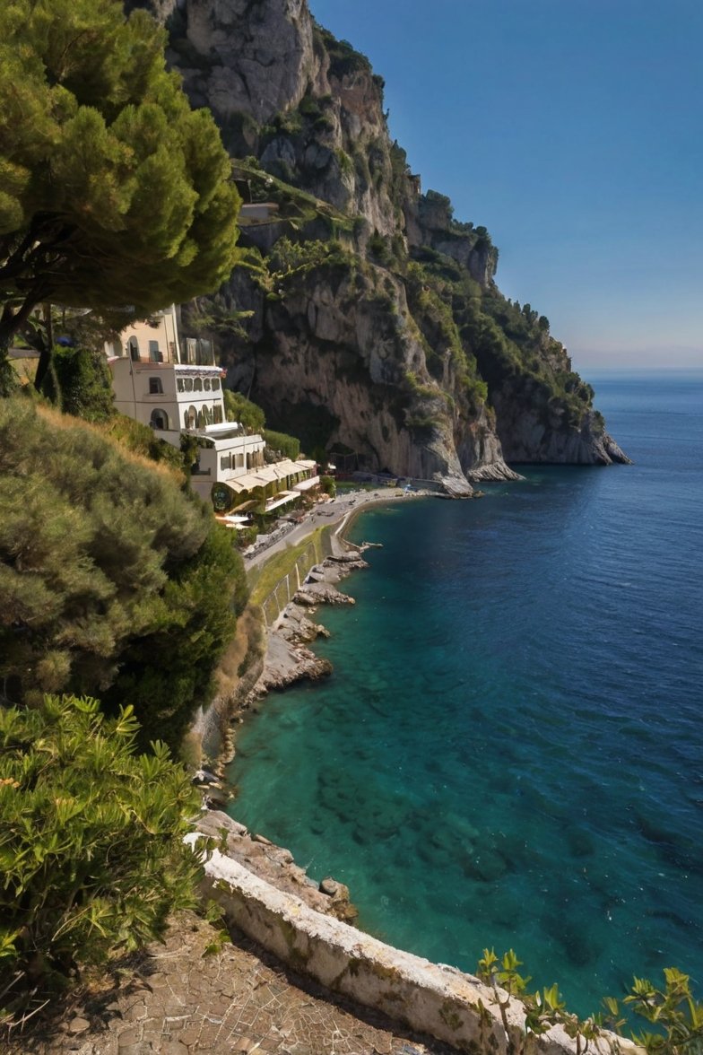 Amalfi Coast cliffside with turquoise Mediterranean sea, white Italian buildings nestled into rocky limestone cliffs, and lush greenery