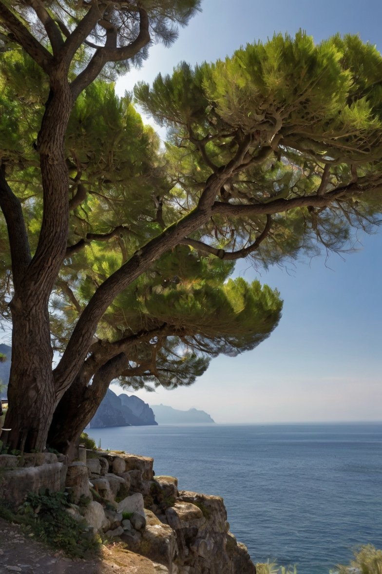 Mediterranean stone pine tree on rocky coastal cliff overlooking calm blue sea with distant mountain headland