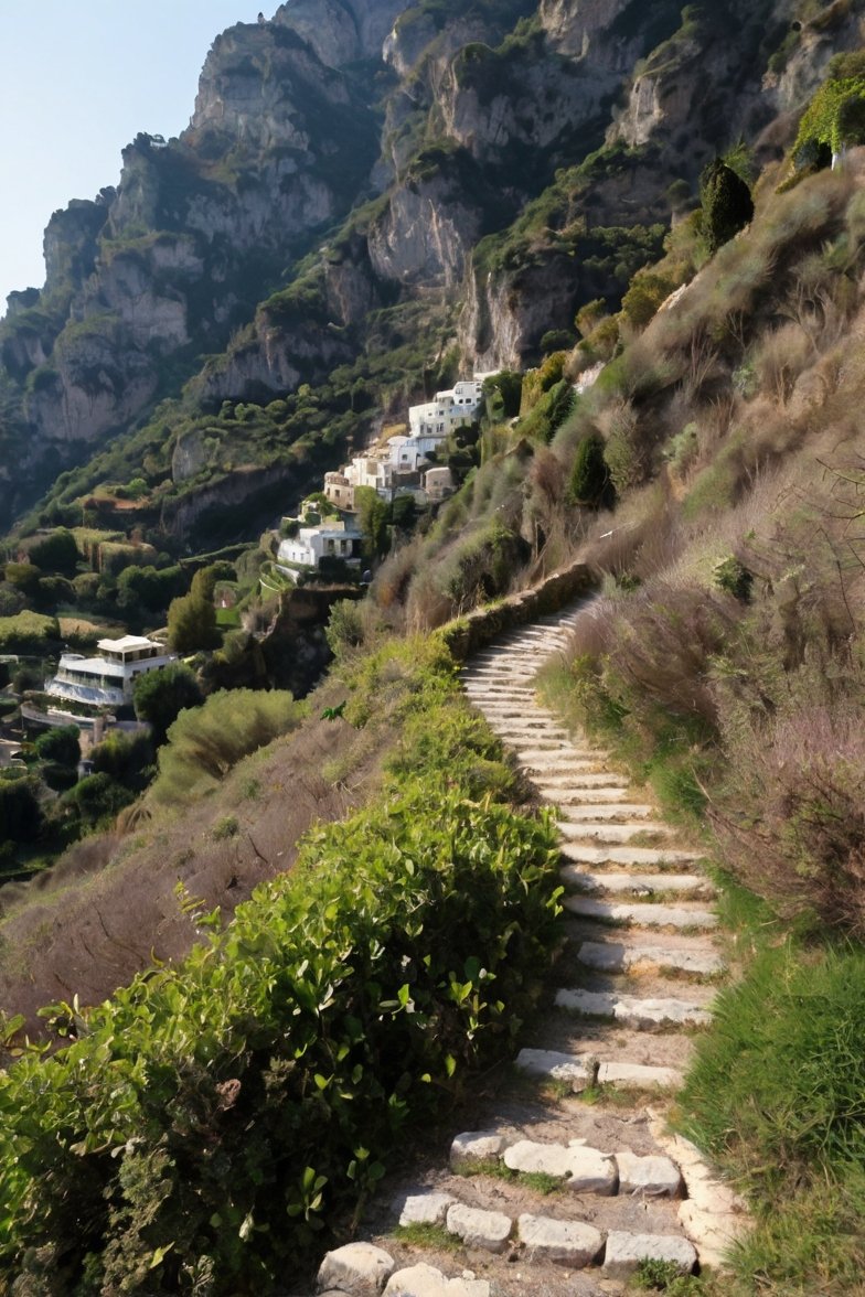 Ancient stone stairway path winding up steep Mediterranean hillside with white cliffside buildings and rocky mountain backdrop