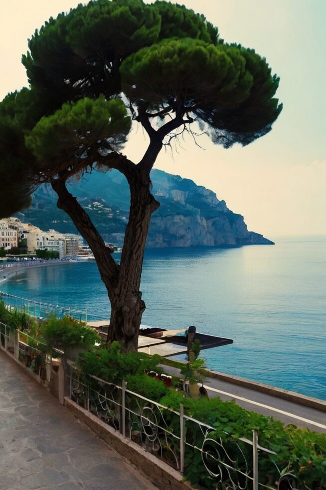 Stone pine tree on a terrace overlooking the Amalfi Coast with blue Mediterranean Sea and cliffside town