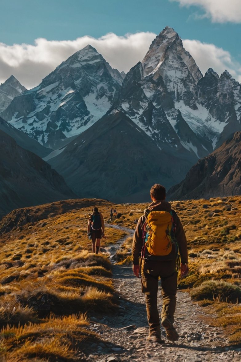 Two hikers with backpacks walking on a mountain trail toward dramatic snow-capped peaks under blue sky