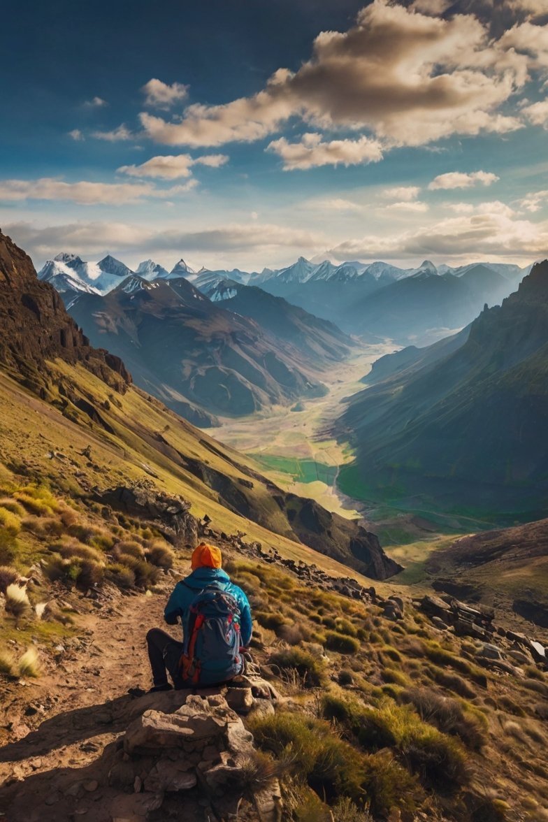 Hiker with blue jacket and orange hat sitting on rocky trail overlooking a vast mountain valley with snow-capped peaks