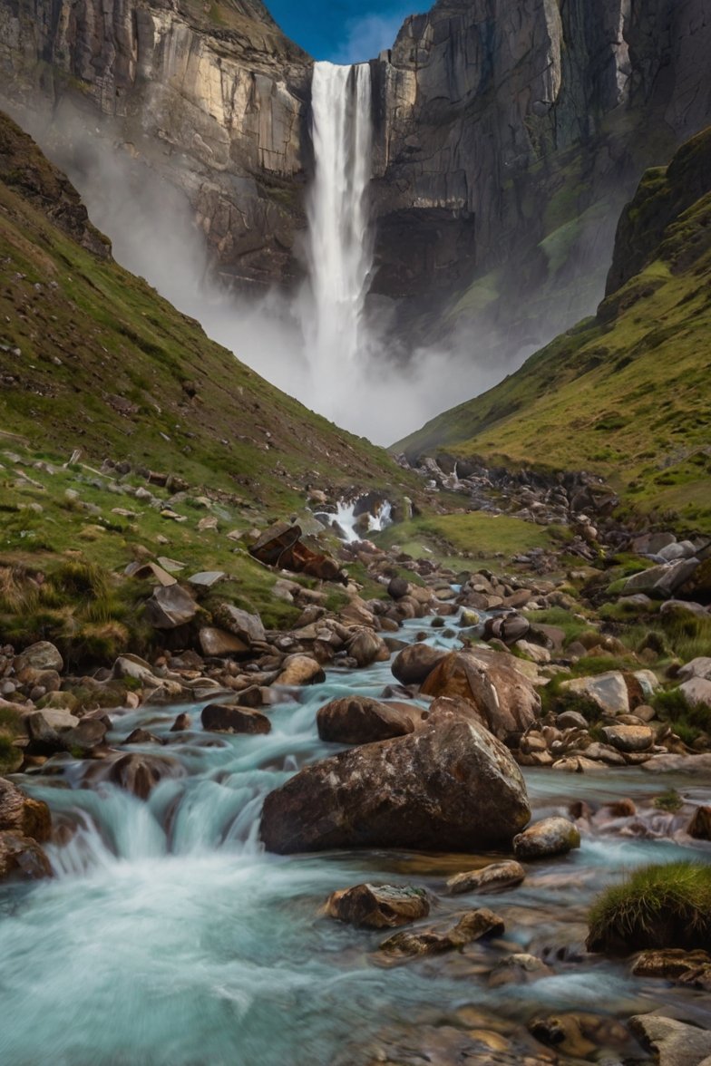 Tall waterfall cascading down towering rock cliffs into a turquoise glacial stream flowing through a rocky mountain valley