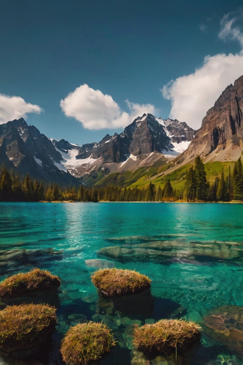Crystal-clear turquoise alpine lake with mossy rocks, evergreen forest, and snow-capped mountain peaks under blue sky
