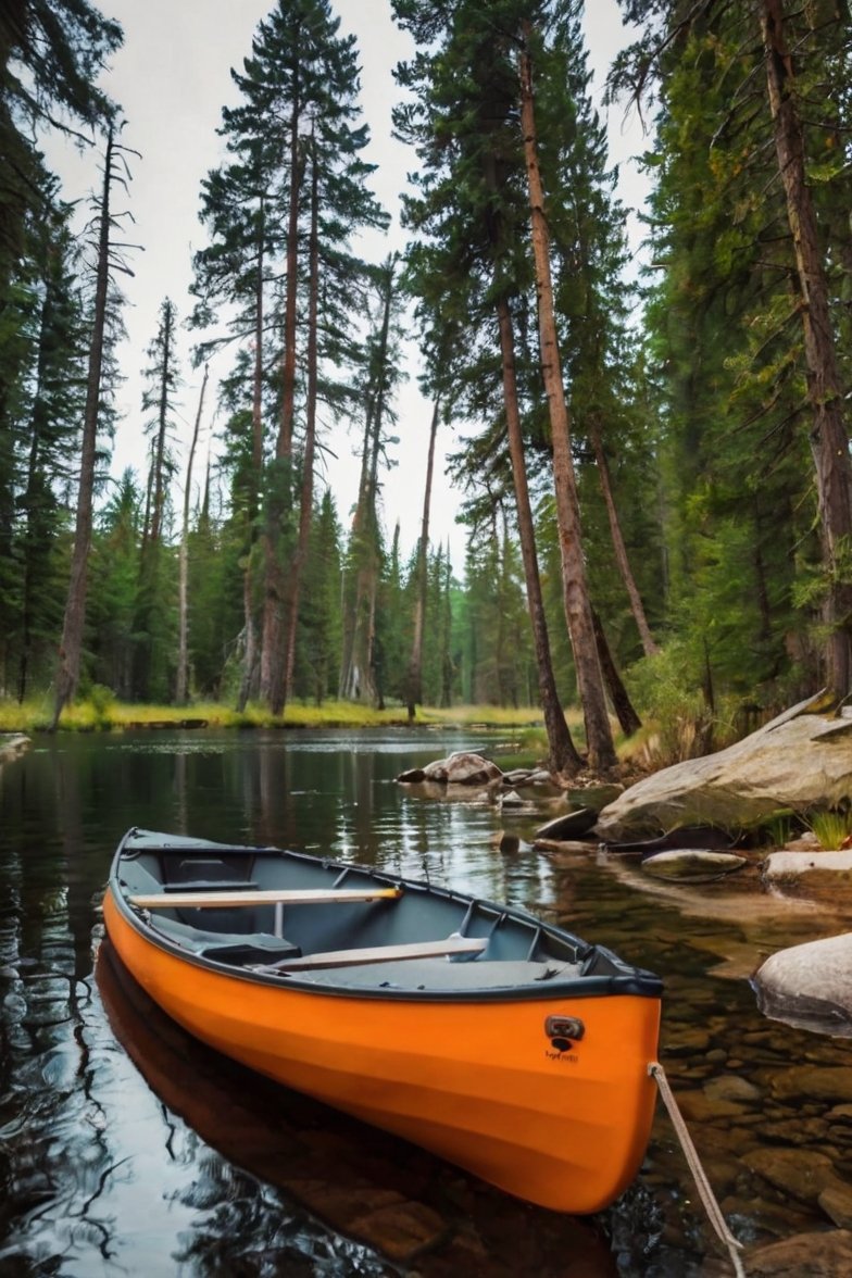 Orange canoe resting on rocky shoreline of a calm forest lake surrounded by tall pine trees