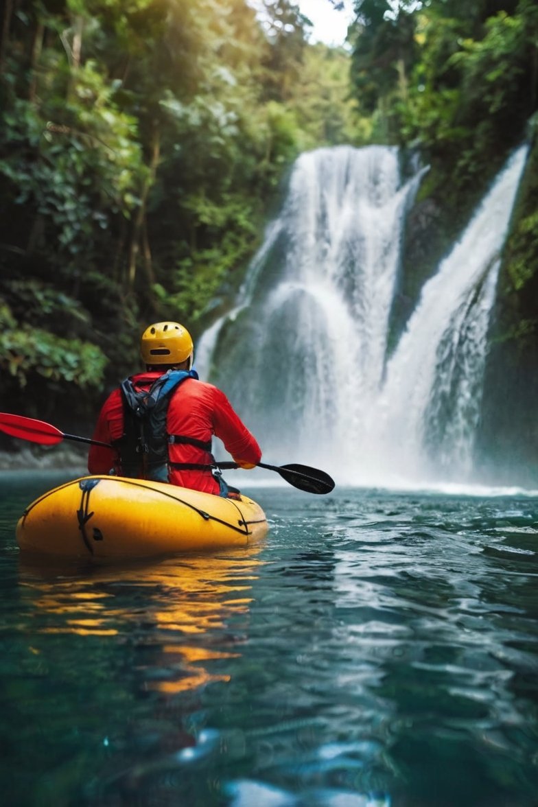 Kayaker in red jacket and yellow helmet paddling toward a stunning jungle waterfall in a yellow inflatable kayak