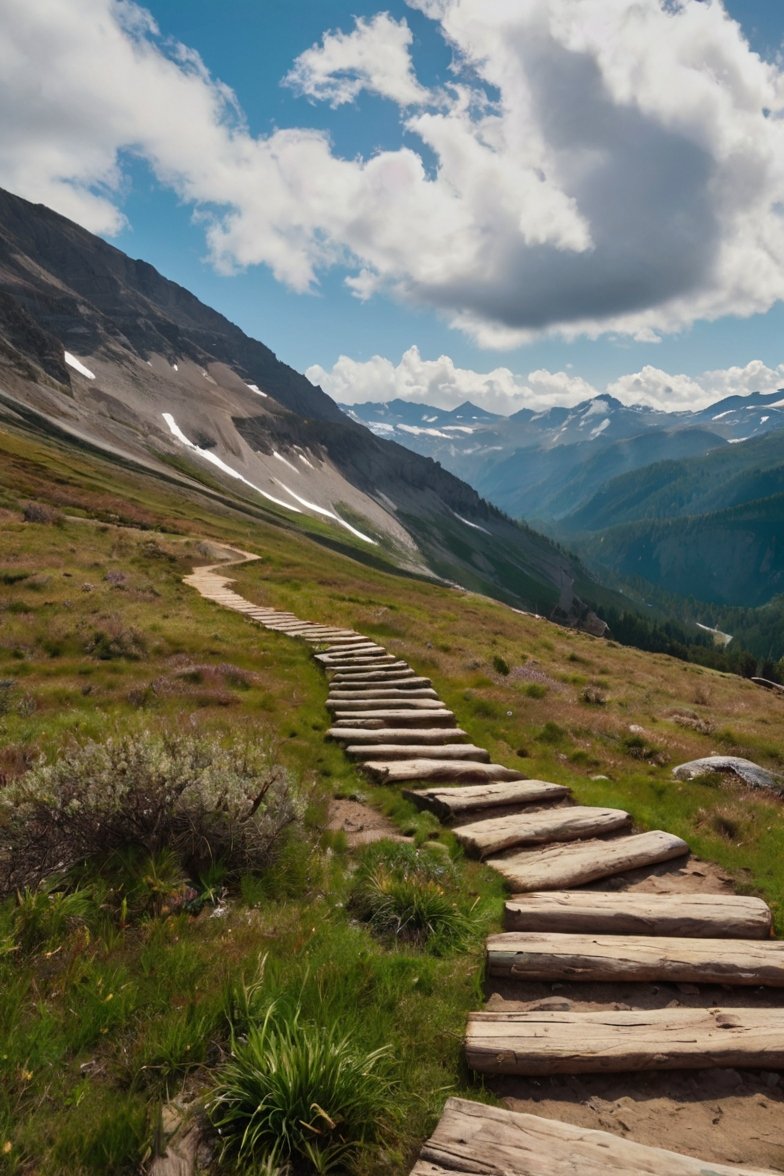Wooden log staircase trail winding up a green alpine meadow with snow-capped mountains in background