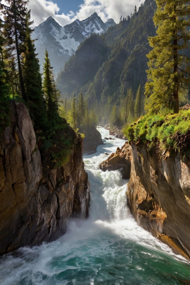 Rushing turquoise river through rocky canyon gorge with pine trees and snow-capped mountains in background