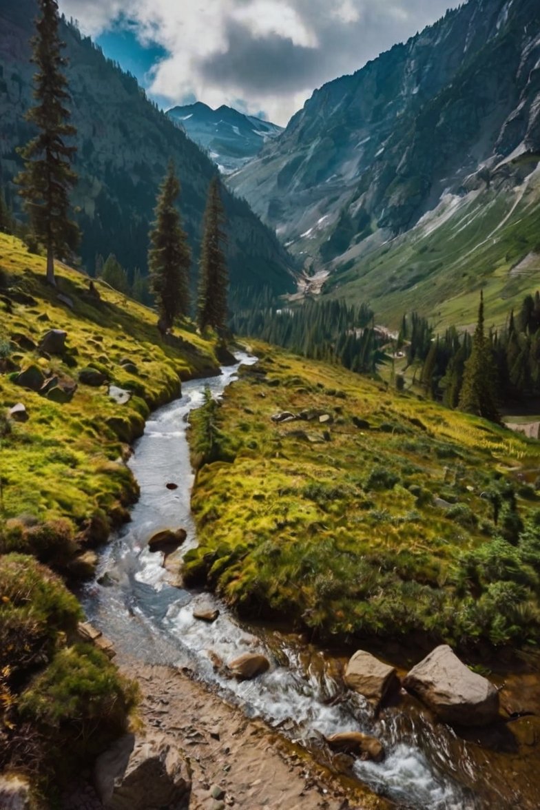 Crystal clear mountain stream flowing through a lush green valley surrounded by pine trees and rocky peaks