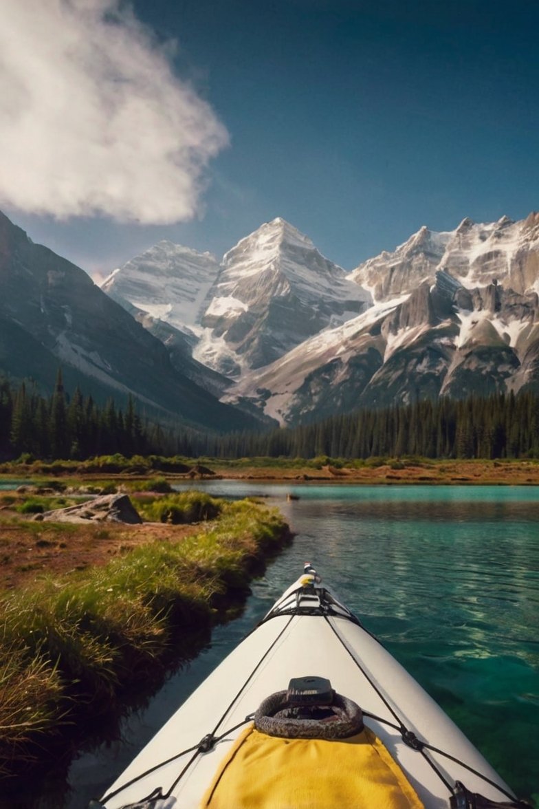 First-person kayak view on turquoise alpine lake with snow-capped Rocky Mountain peaks and evergreen forest