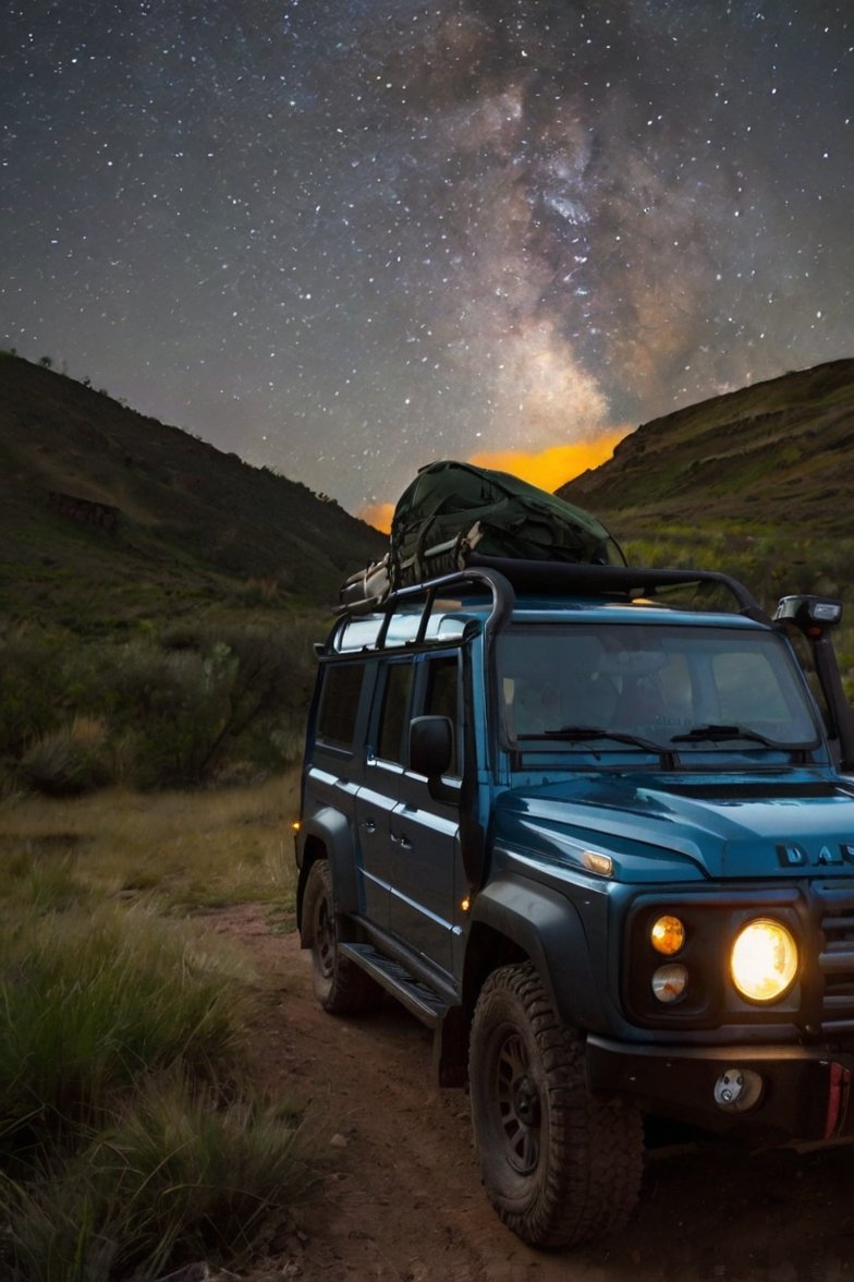 Blue 4x4 off-road SUV with roof rack cargo parked on dirt trail under Milky Way galaxy night sky