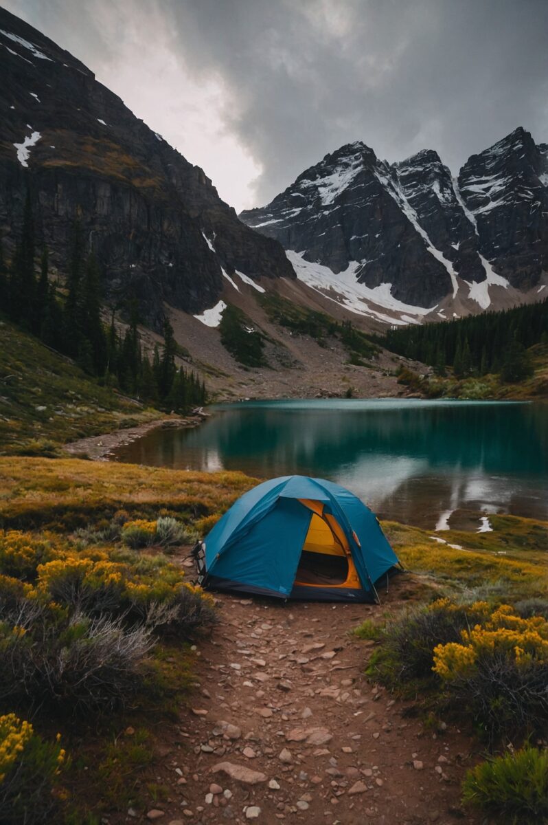 Blue and orange camping tent beside a turquoise alpine lake with snow-capped rocky mountains and evergreen trees