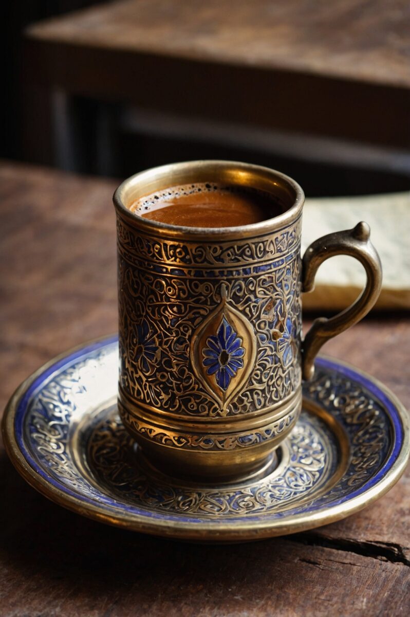 Ornate brass and blue enamel Turkish coffee cup with intricate floral engravings on a matching saucer