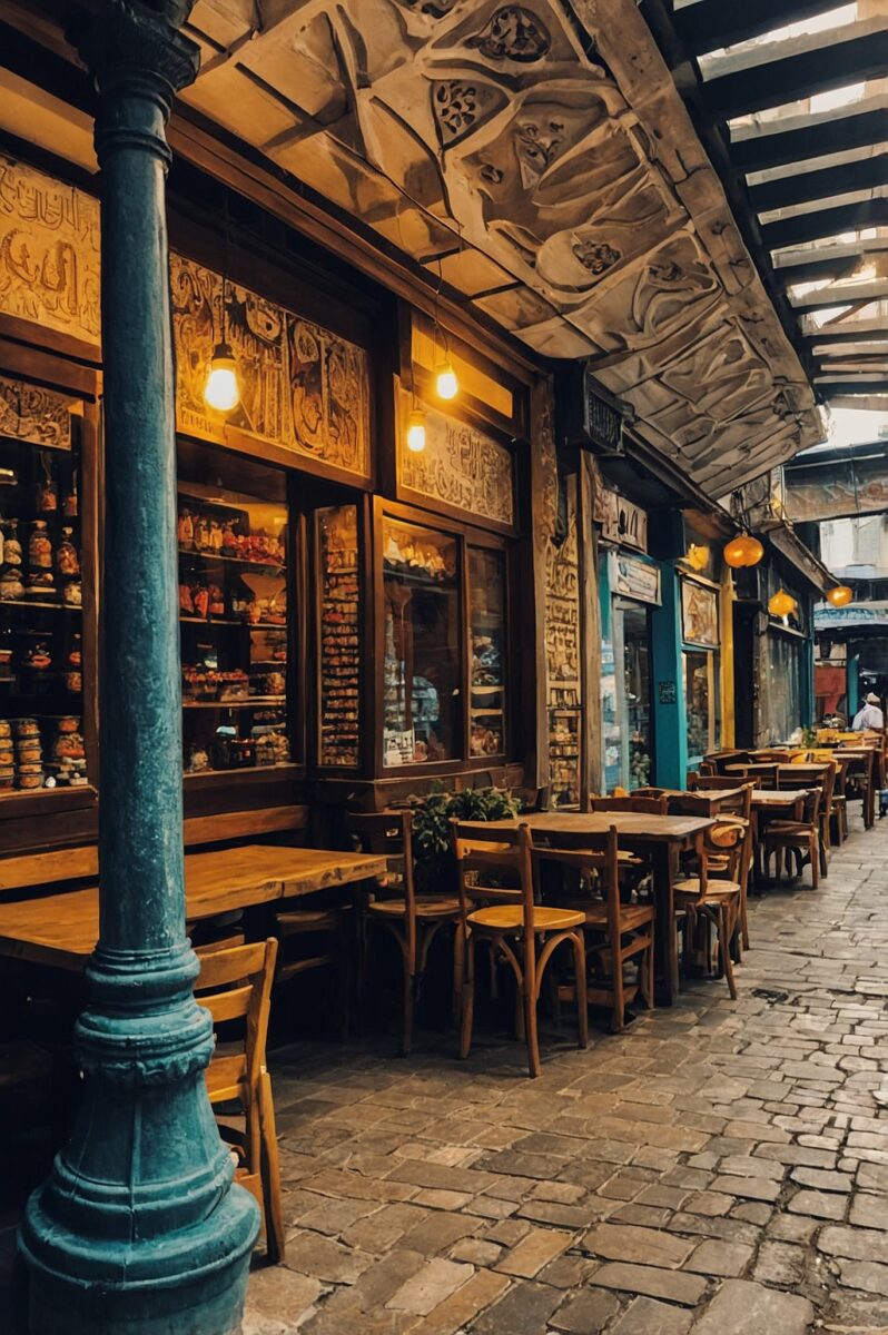 Charming outdoor café seating along cobblestone alley with ornate carved ceiling and warm glowing pendant lights