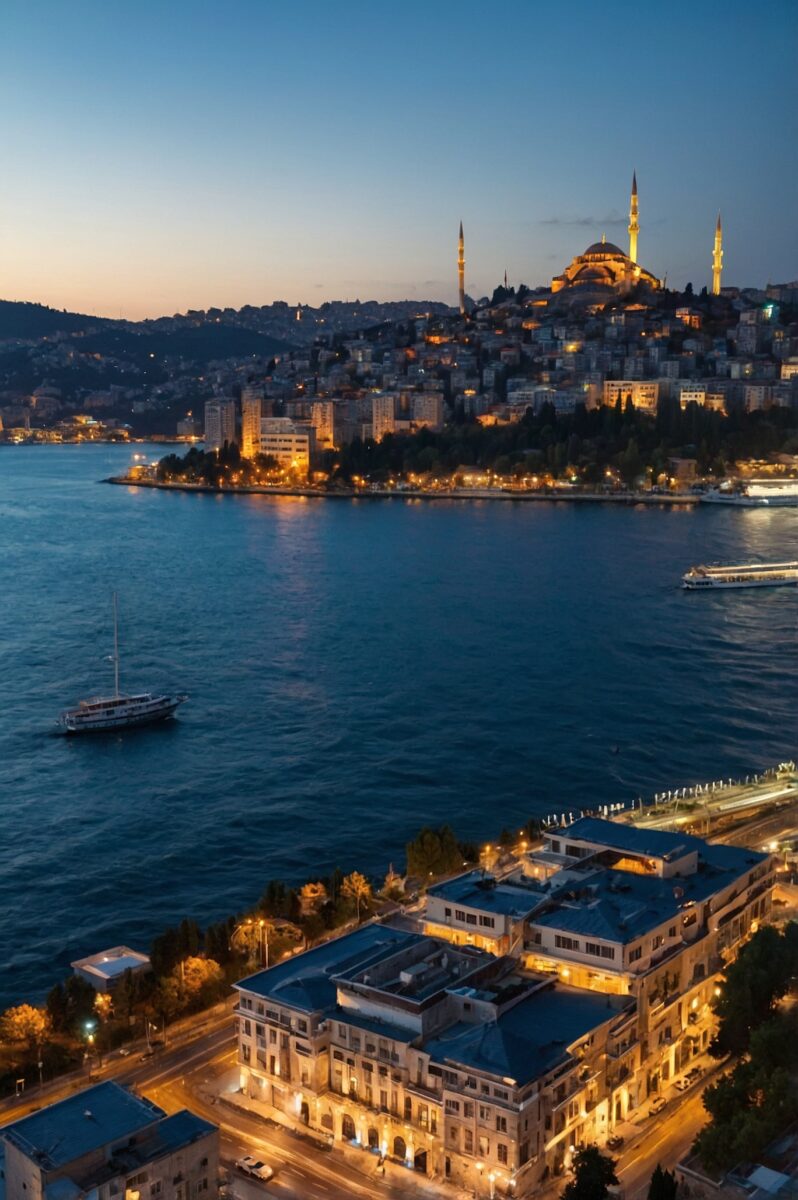 Aerial dusk view of Istanbul skyline with Süleymaniye Mosque illuminated above the Bosphorus strait