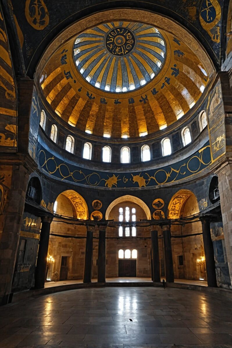 Interior of Hagia Sophia showing golden dome with windows, Byzantine arches, and marble floor in Istanbul