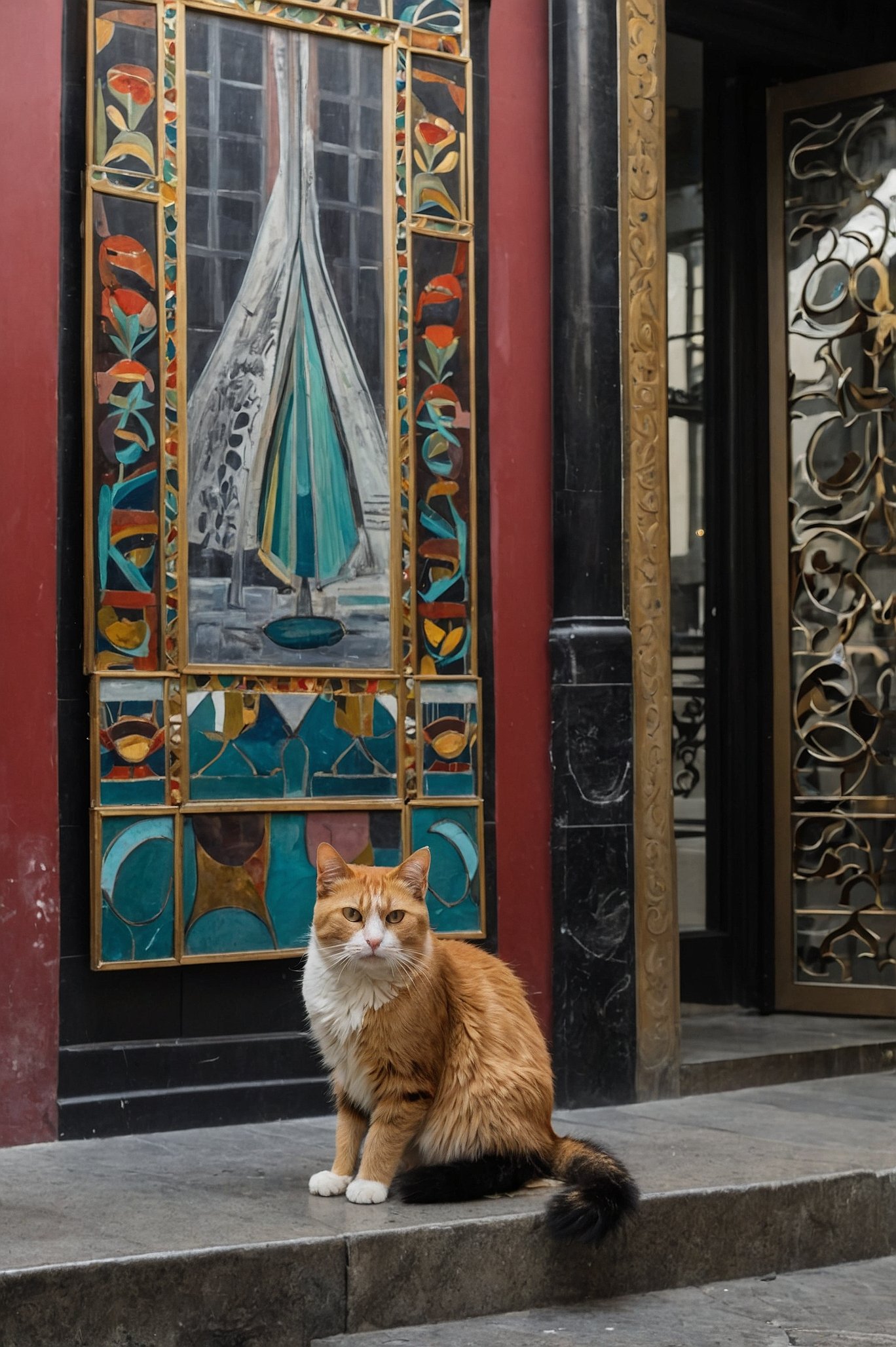 Orange tabby cat sitting on stone steps in front of colorful Art Nouveau decorative panel and ornate bronze door