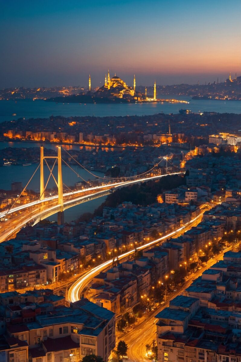 Aerial night view of Istanbul's Bosphorus Bridge with light trails, Suleymaniye Mosque glowing in background at twilight