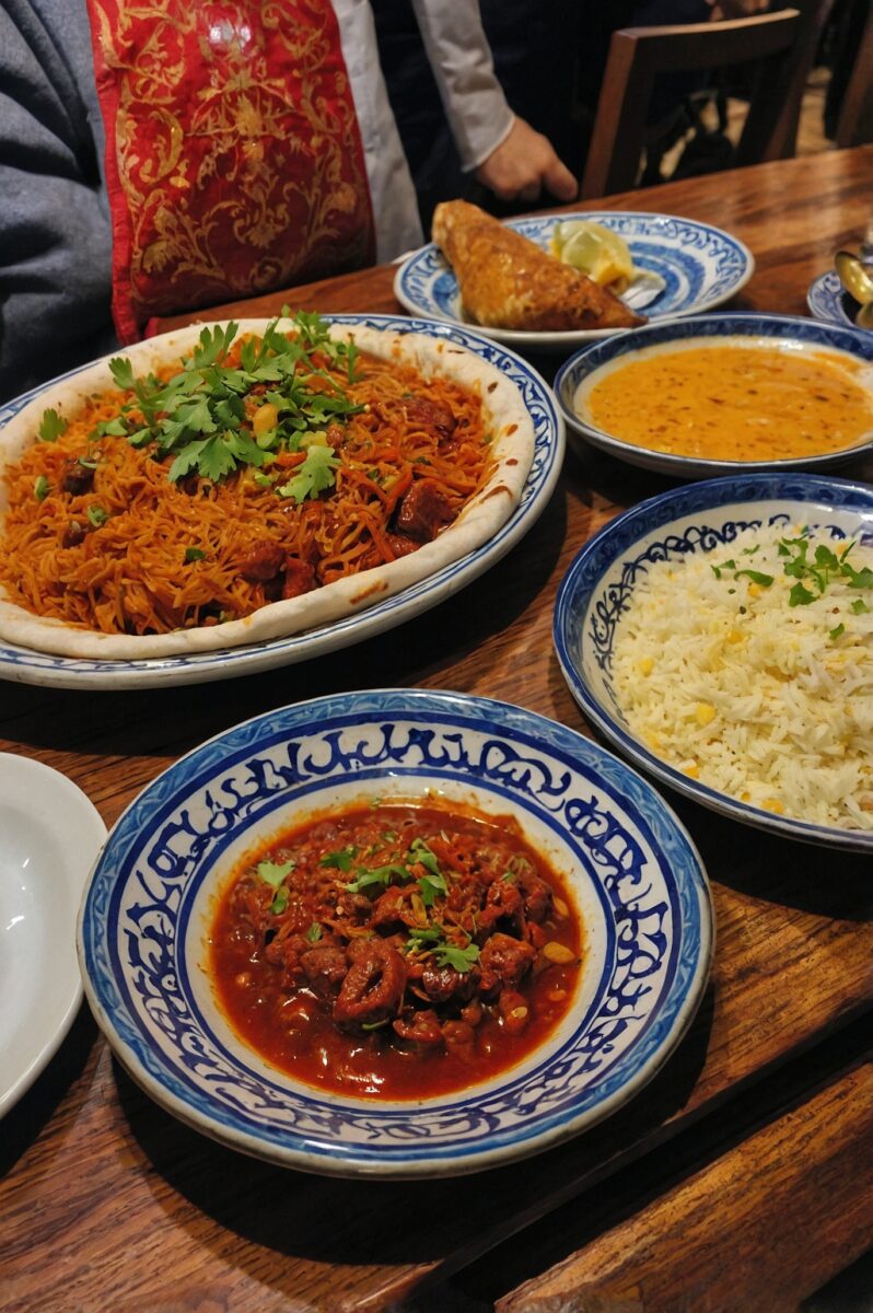 A spread of Middle Eastern dishes on blue and white ceramic plates including spiced noodles, meat curry, rice, dal, and samosa