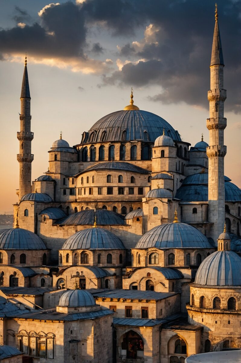 Süleymaniye Mosque Istanbul with cascading blue domes and twin minarets at golden hour sunset