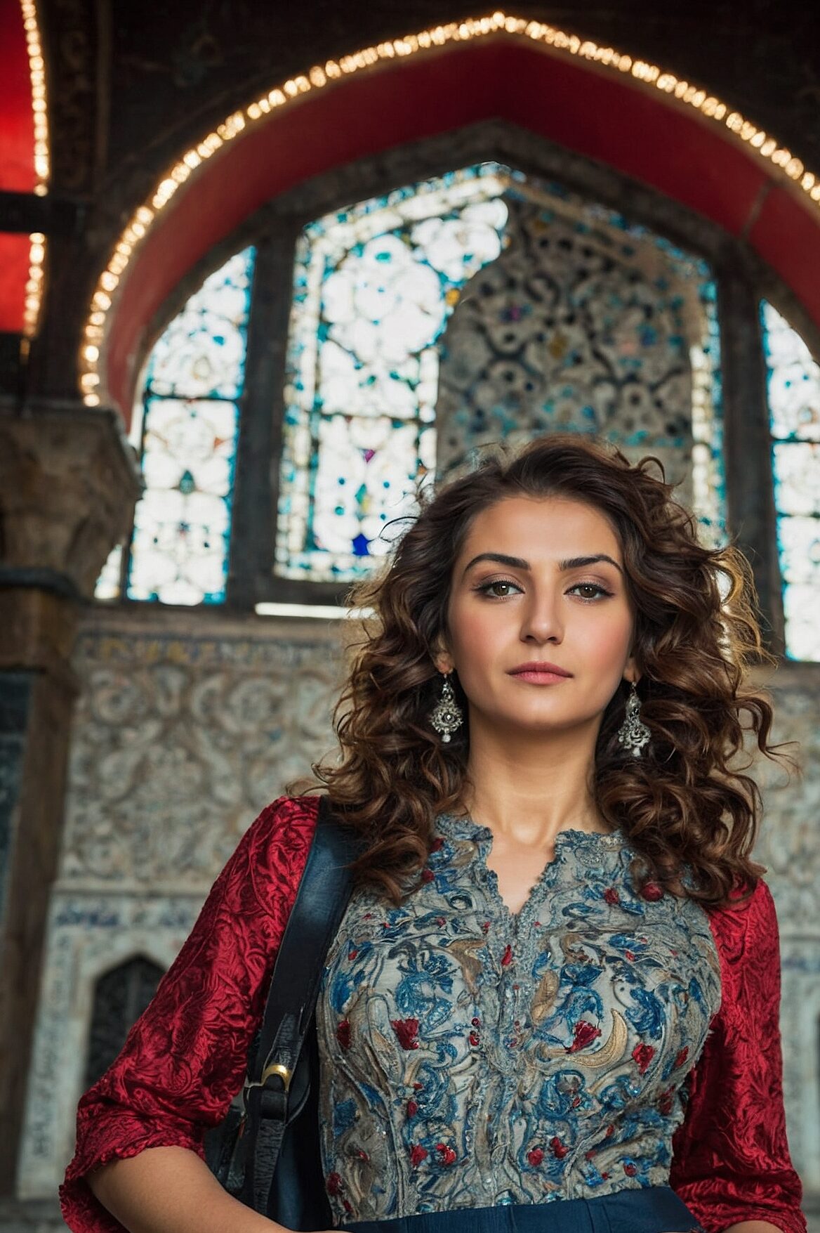 Woman with curly brown hair in embroidered top standing before ornate Islamic architecture with stained glass