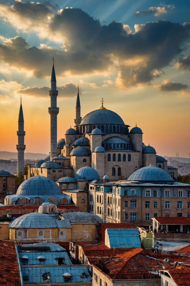 Süleymaniye Mosque's cascading domes and minarets rising above Istanbul's historic rooftops at sunset