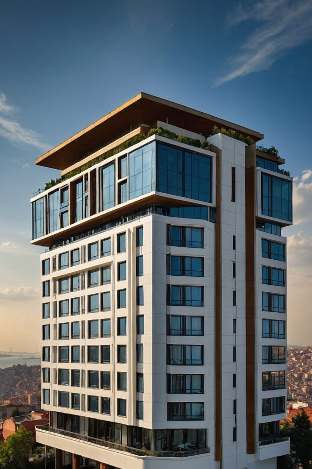 Modern luxury high-rise residential tower with glass facade and cantilevered top floor overlooking Istanbul cityscape