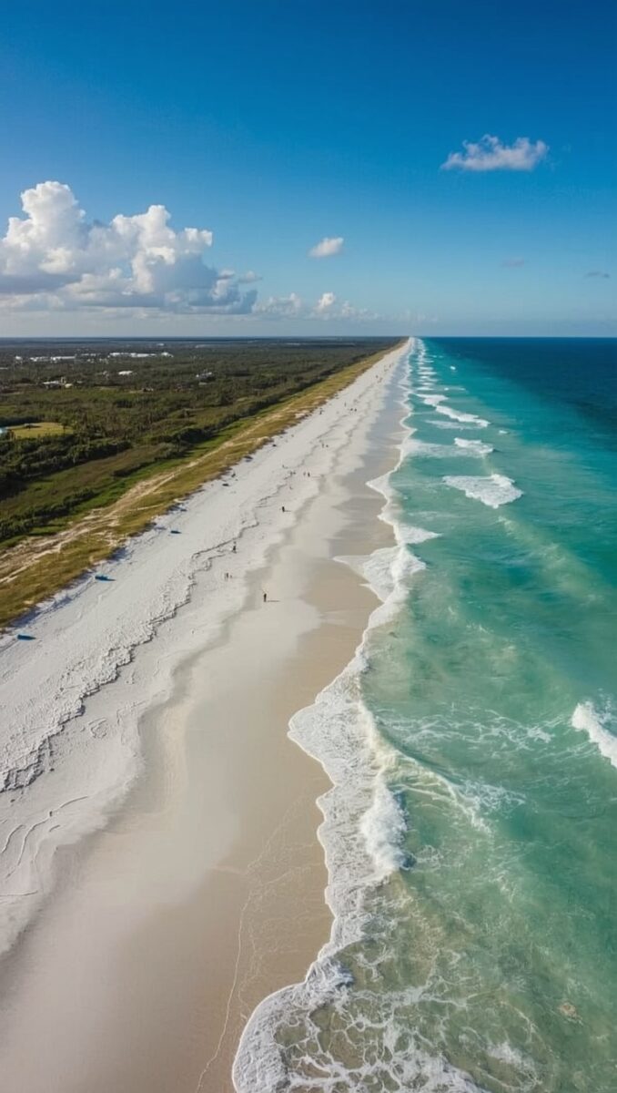 Aerial view of a pristine white sand beach with turquoise ocean waves and dense green forest coastline
