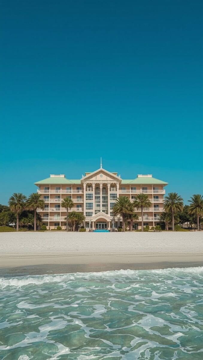 Elegant beachfront hotel with green roof and palm trees overlooking white sand beach and turquoise ocean water