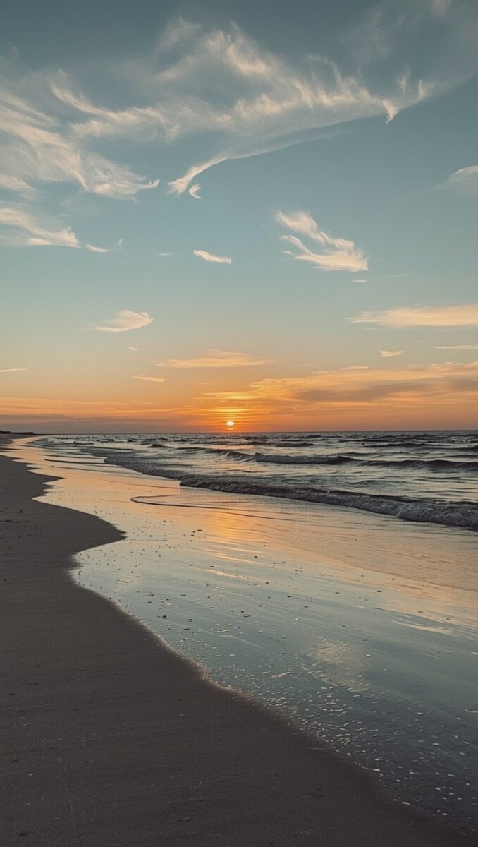 Peaceful beach sunset with golden orange sky reflecting on wet sand and gentle ocean waves